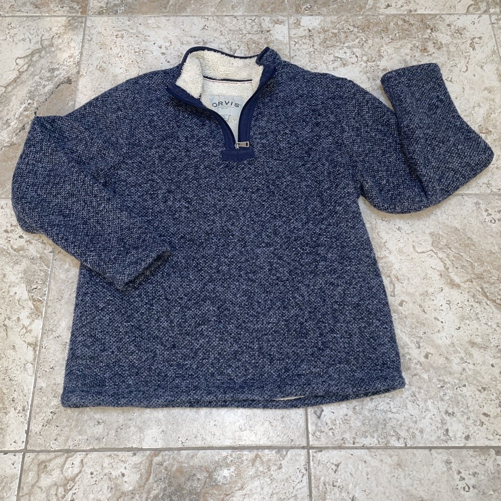Orvis Sherpa Lined 1/4 Zip Pullover Sweater Mens Large Navy Blue Warm Fleece